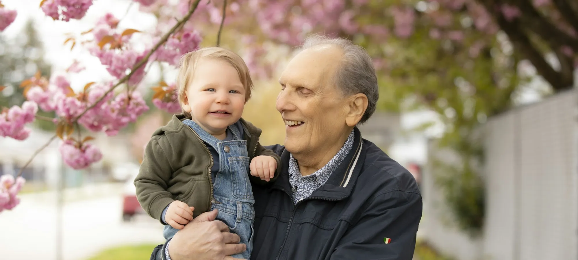 Großvater hält lachend sein Enkelkind unter blühenden Bäumen