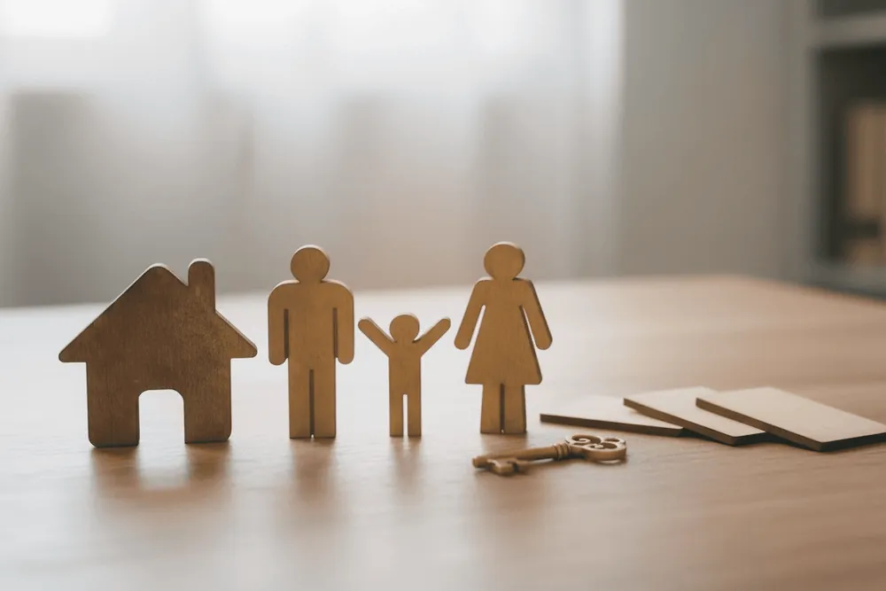 Holzfiguren einer Familie mit Haus und Schlüssel