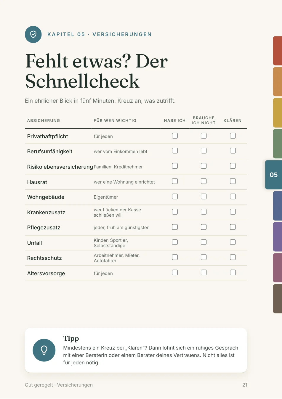 Schnellcheck zu Versicherungen mit Kästchen zum Ankreuzen